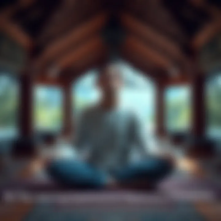 Person sitting cross-legged in meditation, looking distressed with a background of a serene meditation center