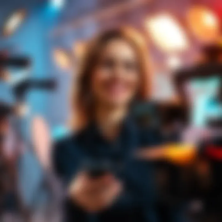 A woman smiling and creating content for social media, surrounded by cameras and lights, representing trending videos.