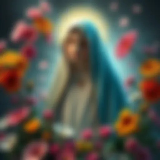 A serene image of the Virgin Mary surrounded by colorful flowers, representing honor and respect.