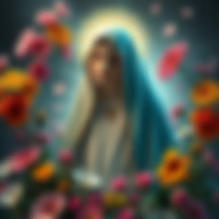 A serene image of the Virgin Mary surrounded by colorful flowers, representing honor and respect.