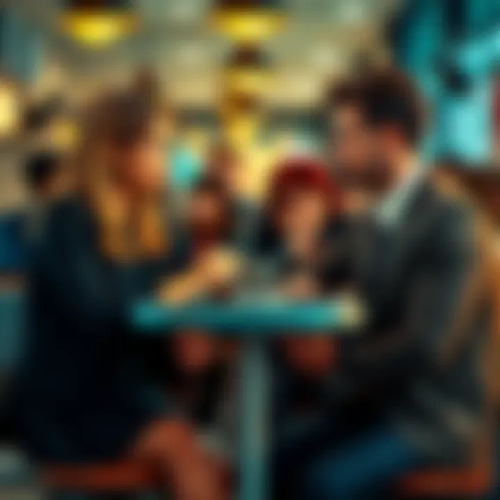 A Virgo woman and a Scorpio man sit across from each other at a café, showing mixed emotions. The Virgo looks serious while the Scorpio appears contemplative. They are surrounded by blurred faces that represent workplace gossip.