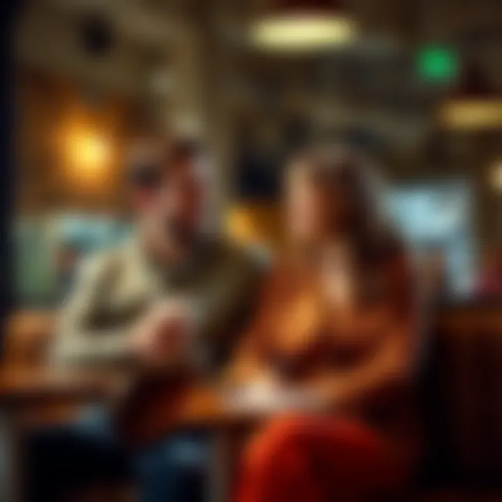 A Virgo man and an Aquarius woman sharing a light moment at a coffee shop, discussing their zodiac traits.