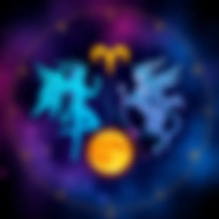 An illustration depicting the Virgo and Aquarius symbols with a starry background, showing the connection between these moon signs.