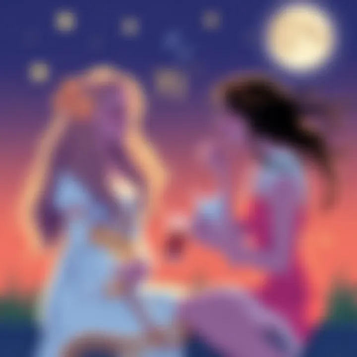 Illustration of Virgo and Cancer moon signs in a friendly conversation, showing their astrological symbols and shared interests