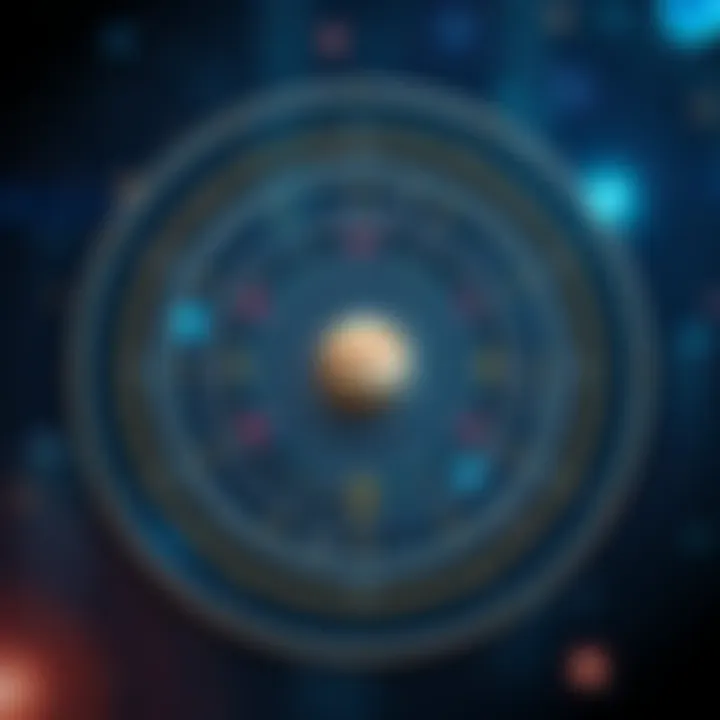 A Virgo lagna chart showing the placements of Jupiter in Scorpio, Mars, and other planetary aspects, with astrological symbols around it.