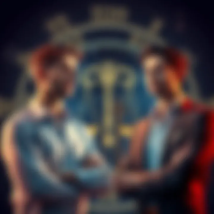 Two men representing Virgo and Libra signs discussing their traits, one showing confidence and the other appearing indecisive, set against a zodiac-themed background.