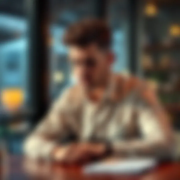 A Virgo man with a thoughtful expression, sitting at a table with a notebook, reflecting on his thoughts.