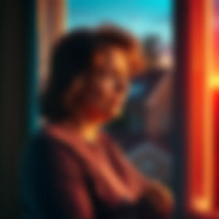 A Virgo mother looking out a window, reflecting on her heartbreak after a relationship with an Aquarius didn't work out
