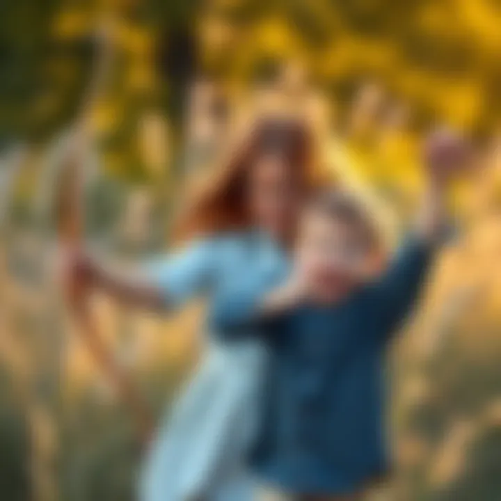 A Virgo mother joyfully engages with her energetic Sagittarius son in a vibrant setting, symbolizing emotional balance and growth.