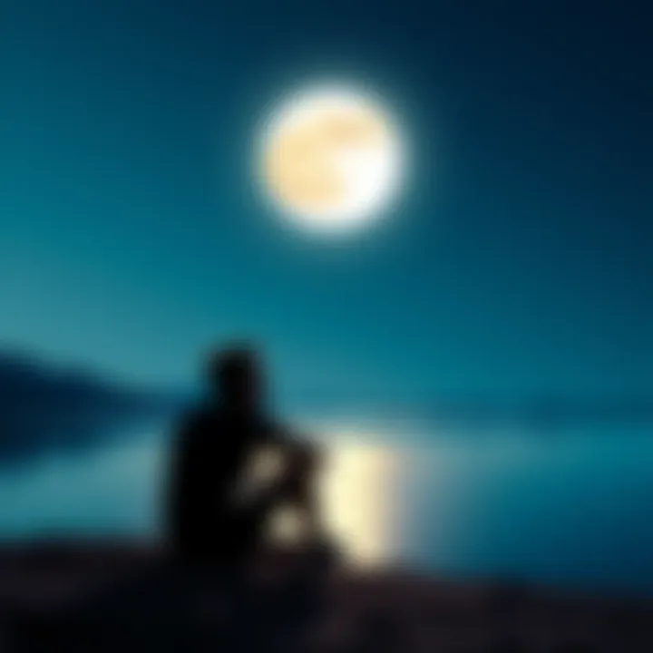A person sitting in a serene environment, looking contemplative under a bright moon, representing self-reflection and coping with emotions related to Virgo Moon.