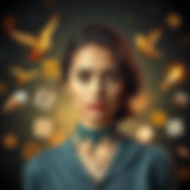 A woman with an analytical expression, surrounded by symbols of Virgo traits like perfectionism and criticism, depicting the critical nature often associated with Virgo individuals.