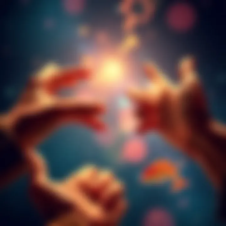 A visual representation of Virgo and Pisces zodiac signs with hands symbolizing service and empathy reaching towards each other