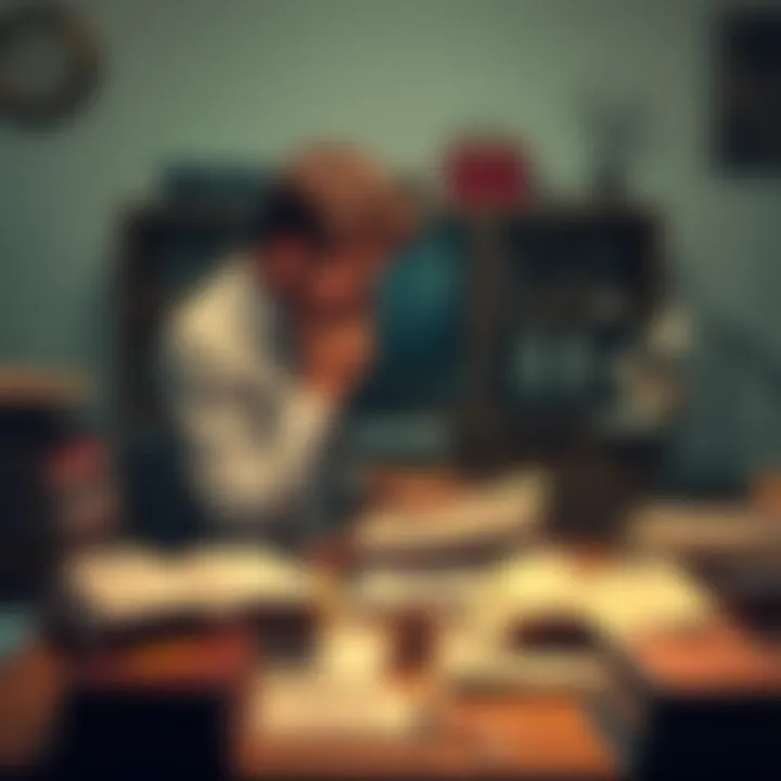 A Virgo person sitting thoughtfully at a desk, surrounded by books and notes, reflecting on their judgments and self-criticism.