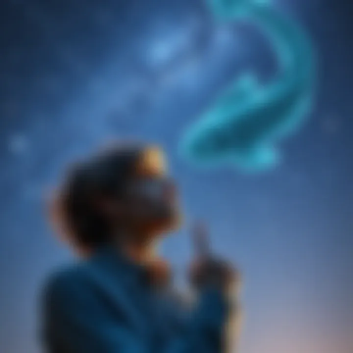 A Virgo rising person looks thoughtfully at a dreamy Pisces man under a starry sky, symbolizing their astrological connection.