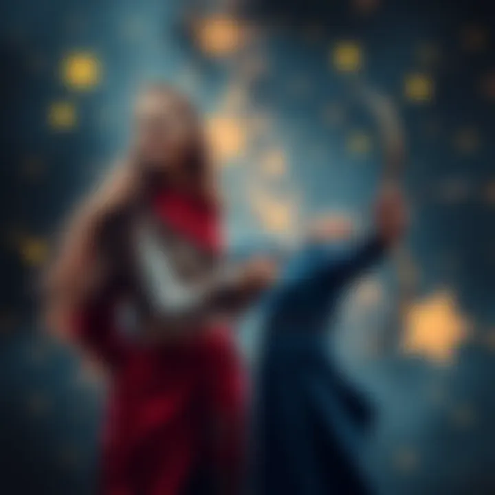 A Virgo and a Sagittarius holding hands, smiling, surrounded by stars, showing harmony and acceptance of each other's imperfections.