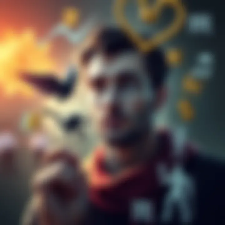 A person representing the Virgo zodiac sign, surrounded by symbols of conflict and harmony, looking contemplative and humorous