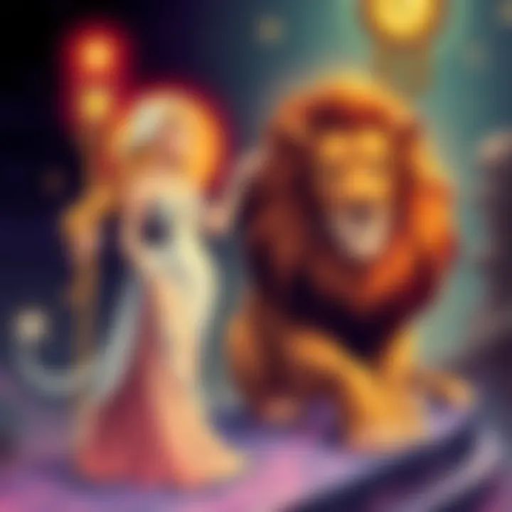 An illustration showing two zodiac symbols, Virgo represented by a maiden and Leo by a lion, symbolizing their astrological traits and compatibility in a relationship.
