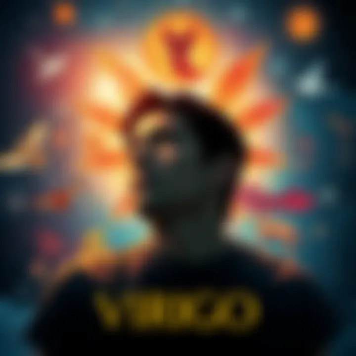 A person thinking deeply, surrounded by astrological symbols and signs representing Virgo traits like over-analysis and perfectionism.