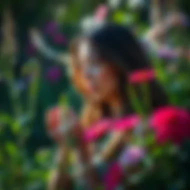 A person thoughtfully analyzing beauty elements in nature while surrounded by flowers, showcasing attention to detail.