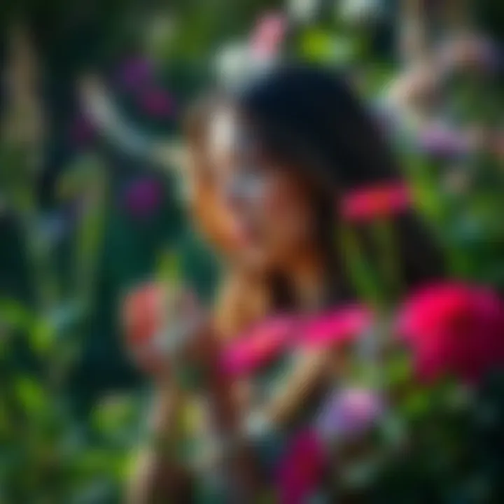 A person thoughtfully analyzing beauty elements in nature while surrounded by flowers, showcasing attention to detail.