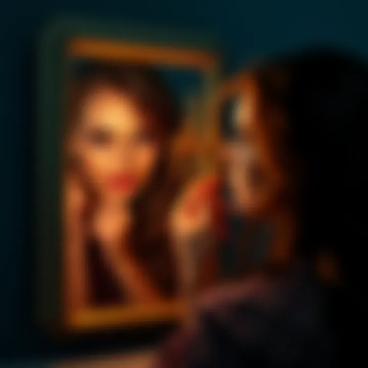 A Virgo woman thoughtfully looking in a mirror, reflecting both a stern and a friendly expression, symbolizing the dual nature of her personality.