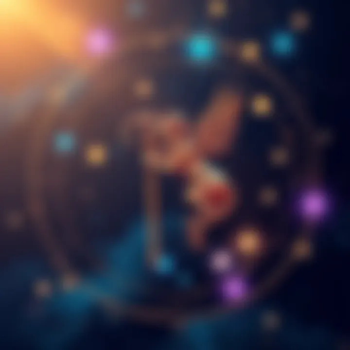A creative depiction of the Virgo zodiac sign symbol surrounded by stars and celestial elements, representing wisdom and lessons.