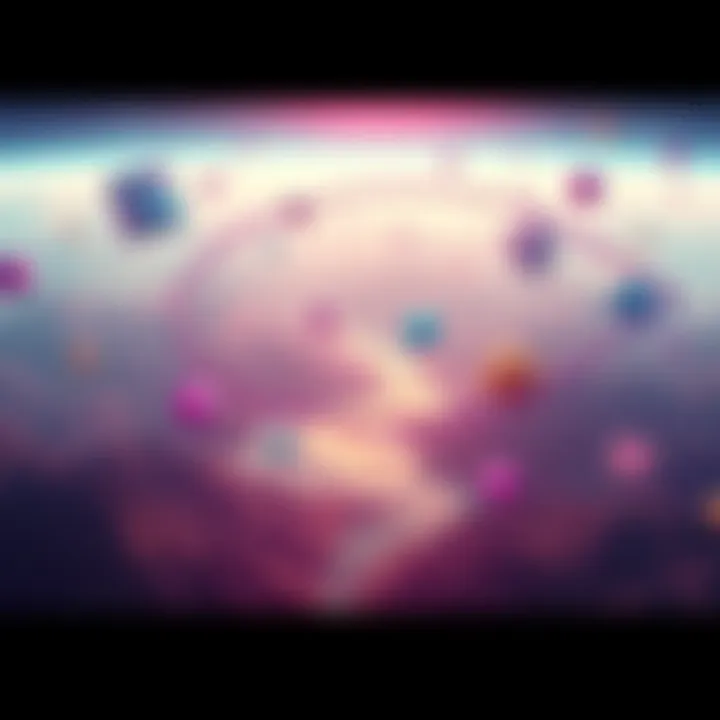 A digital landscape representing a simulated reality with floating geometric shapes and neon colors.