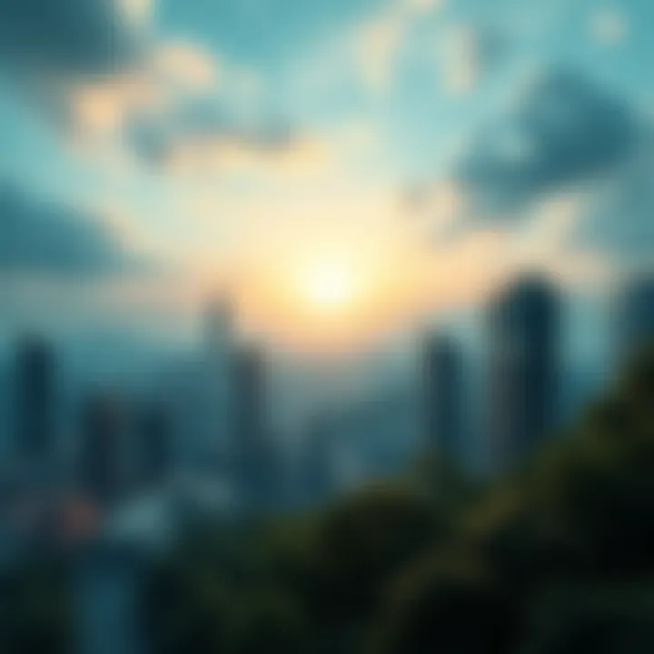 A digital landscape showing a blend of city buildings and nature, representing a computer-generated reality with abstract elements.