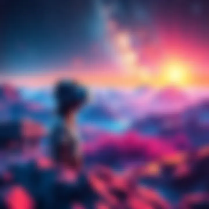 Virtual Reality Concept A colorful digital landscape representing a simulated world, with virtual avatars experiencing different lives, surrounded by stars and galaxies.