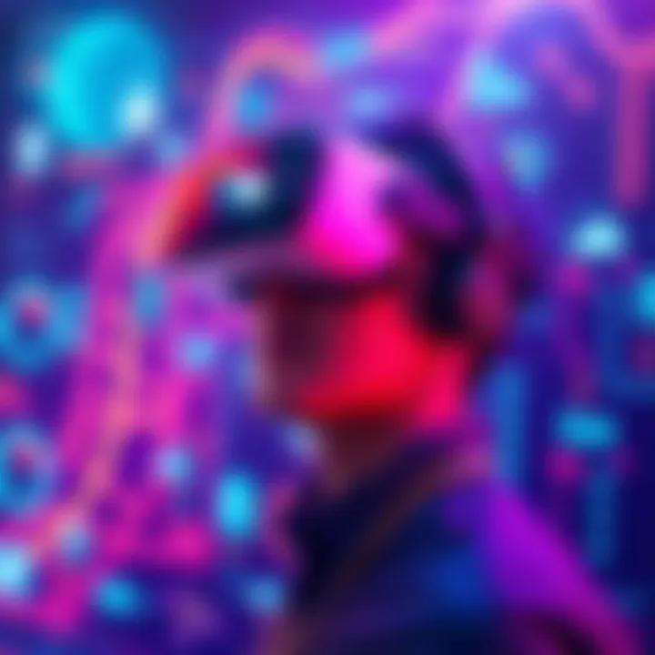 A person wearing a virtual reality headset surrounded by digital graphics representing a simulated environment.