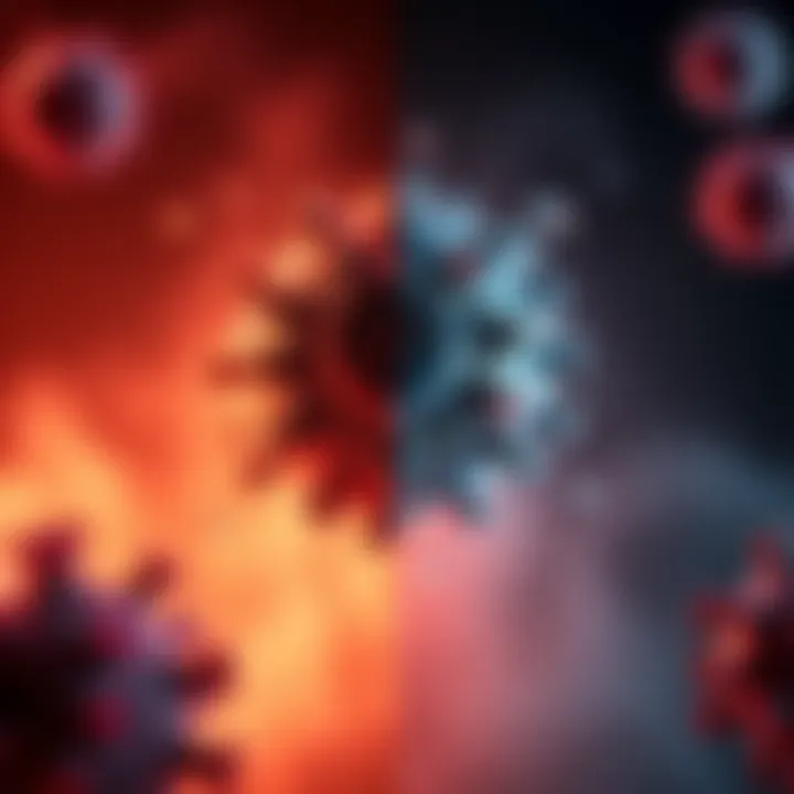 Illustration showing a split view of a virus structure and a question mark, representing the debate over virus existence.