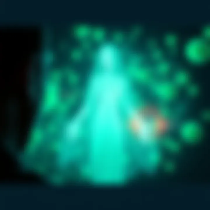 A person gazes at a ghostly figure of a sister surrounded by green orbs, symbolizing memories and unresolved emotions.