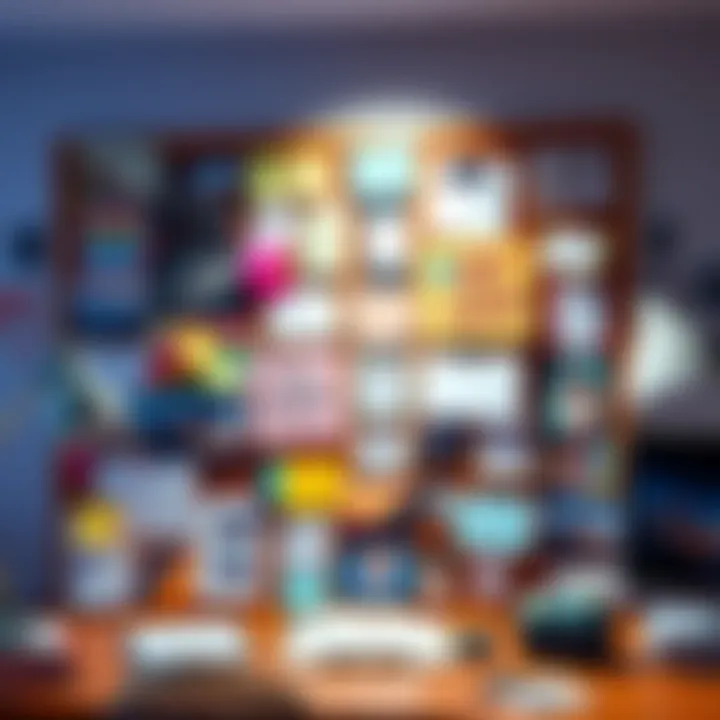 A colorful vision board filled with images and notes representing goals and dreams, placed on a desk with motivational items around it.
