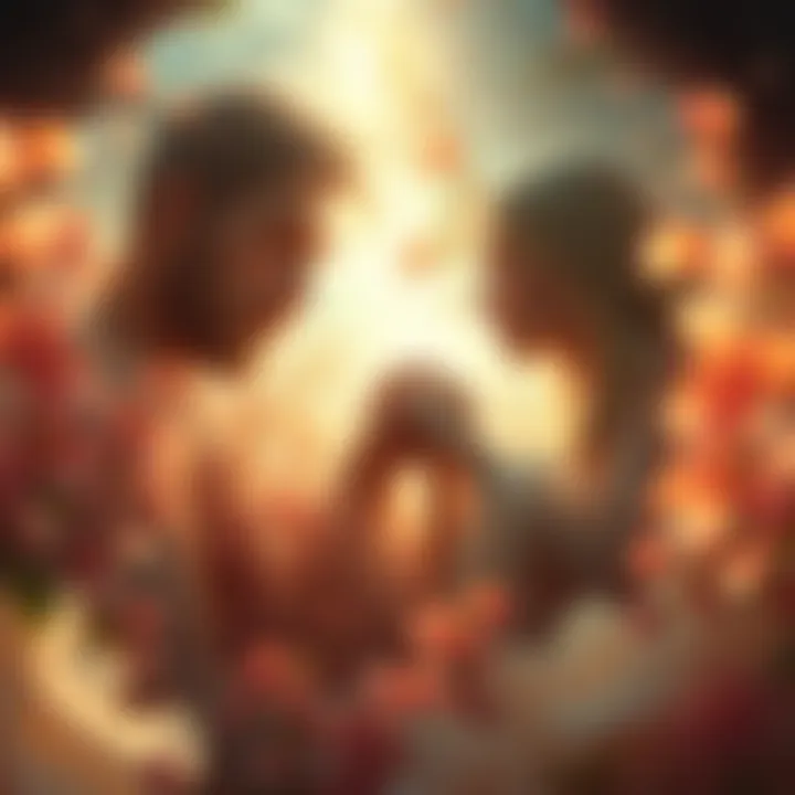 Vision of Adam and Eve A depiction of Adam and Eve in a serene environment during a near-death experience, surrounded by soft light and nature.