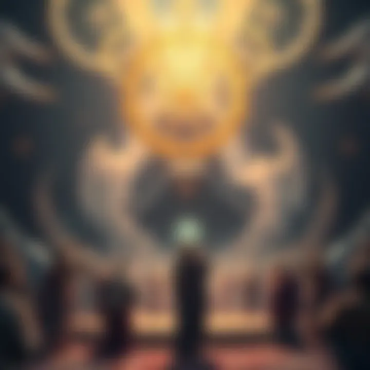 An artistic representation of Ezekiel's vision with a radiant throne, wheels within wheels, and angelic figures surrounding it.