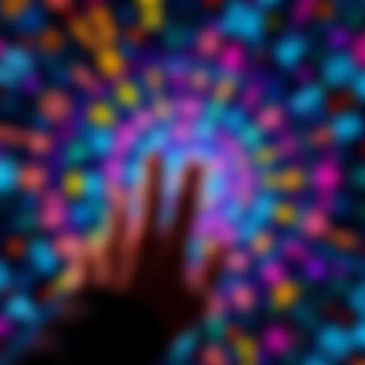 Vision of Numbers and Spiral Shapes Colorful spiral pattern with fingers pointing to different digits, illustrating a vivid experience