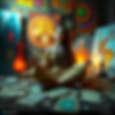 An artist sits cross-legged, meditating with tarot cards spread out, surrounded by vibrant paintings, focusing on the magic of creation