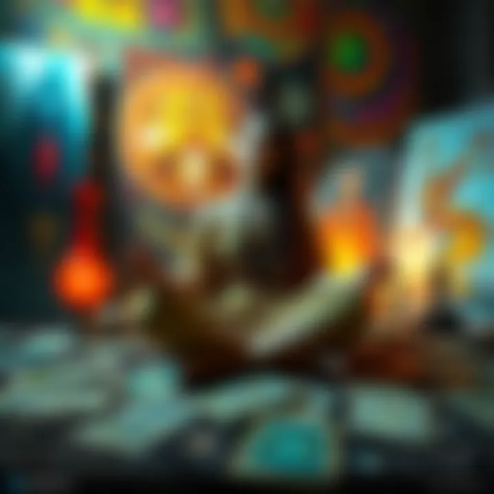 An artist sits cross-legged, meditating with tarot cards spread out, surrounded by vibrant paintings, focusing on the magic of creation