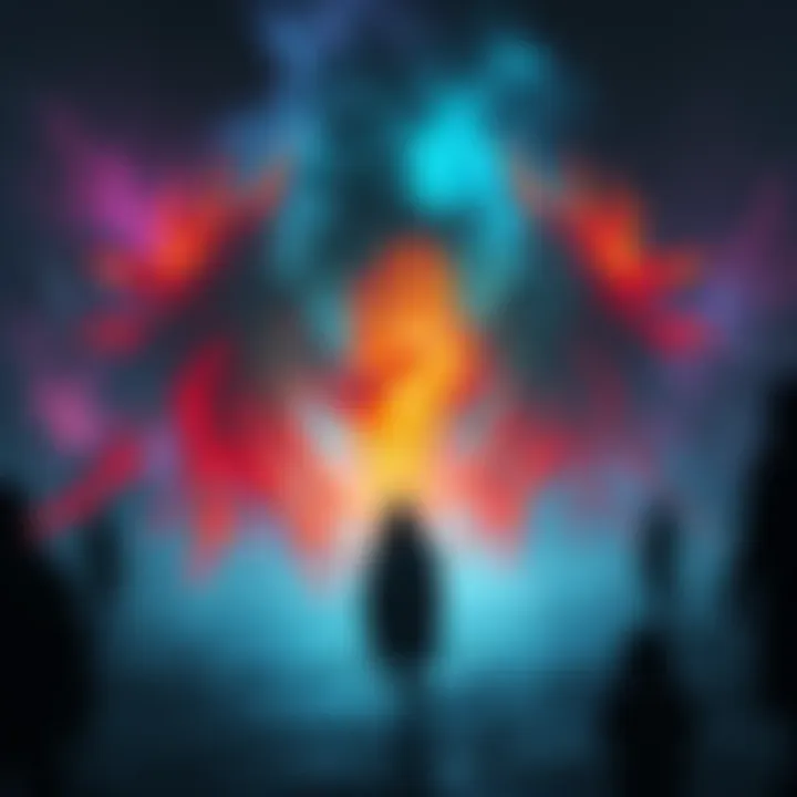 A surreal depiction of a dreamscape filled with vivid colors and shadowy figures, illustrating the complex emotions surrounding sleep paralysis.