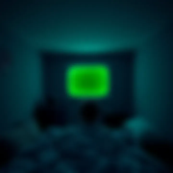 A green patch appears in a dark room, showing a static cartoon loop while a person relaxes and prepares to sleep.