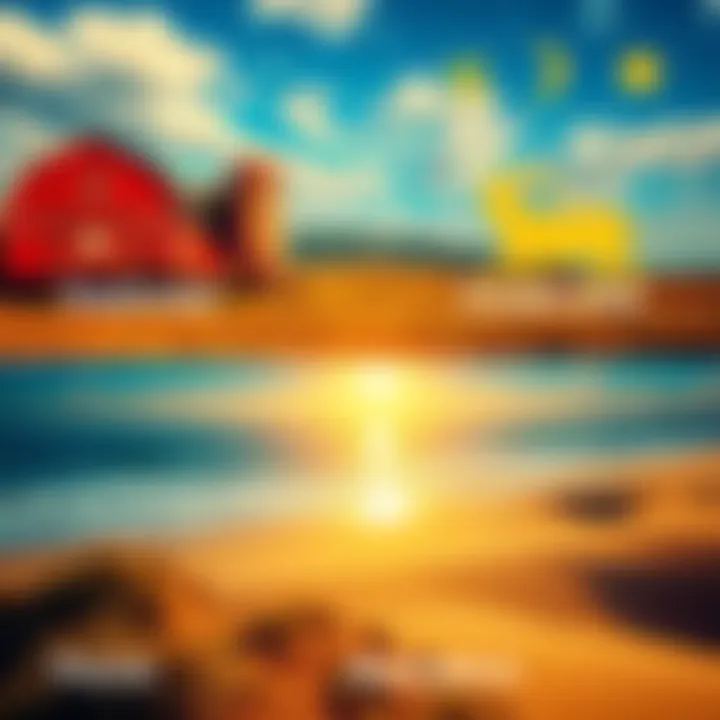 A colorful collage featuring a barnyard for Taurus and Capricorn, and a sunny beach for Pisces, Aquarius, and Virgo, representing people's big three astrology signs.