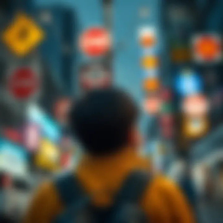 A person looking at various signs in a city, showcasing their interpretation and experiences with visual cues.