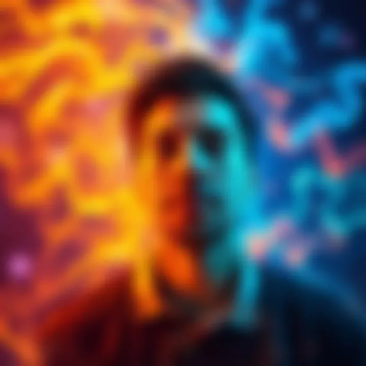 A person practicing visualization with a calm expression, surrounded by swirling colors representing thoughts and dreams.