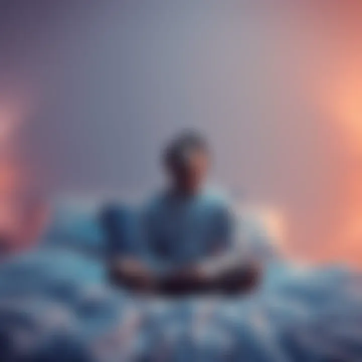 A person sitting on their bed with eyes closed, visualizing dreams before sleep, surrounded by a calming atmosphere with soft lighting.