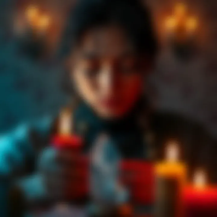 A person practicing visualization techniques for witchcraft, surrounded by candles and crystals, focusing intently with closed eyes.