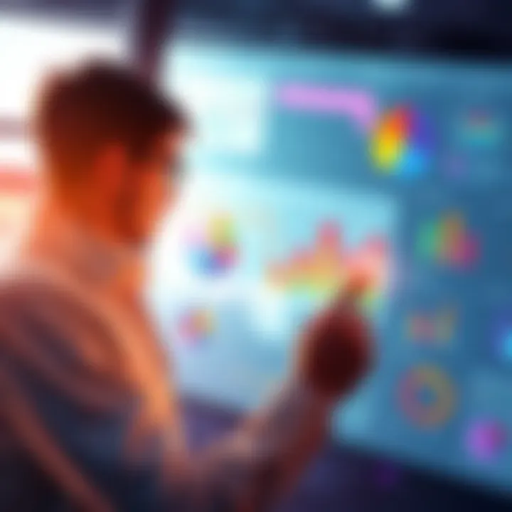 A person visualizing future scenarios with colorful charts and illustrations around them