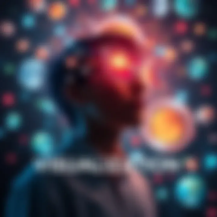 A person visualizing results with colorful images and thoughts, surrounded by inspiring visuals.