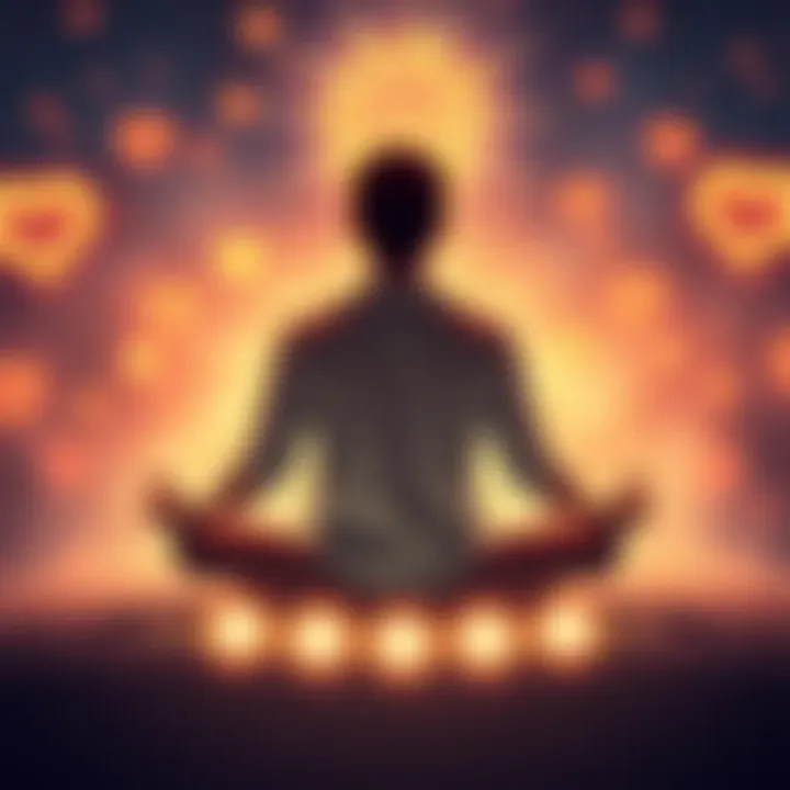 An individual sitting cross-legged, surrounded by glowing symbols of love and connection, envisioning their ideal partner.