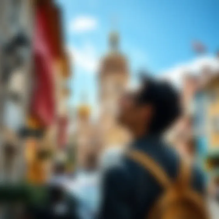 Individual imagining a vibrant street scene in a foreign country, surrounded by cultural landmarks and a blue sky