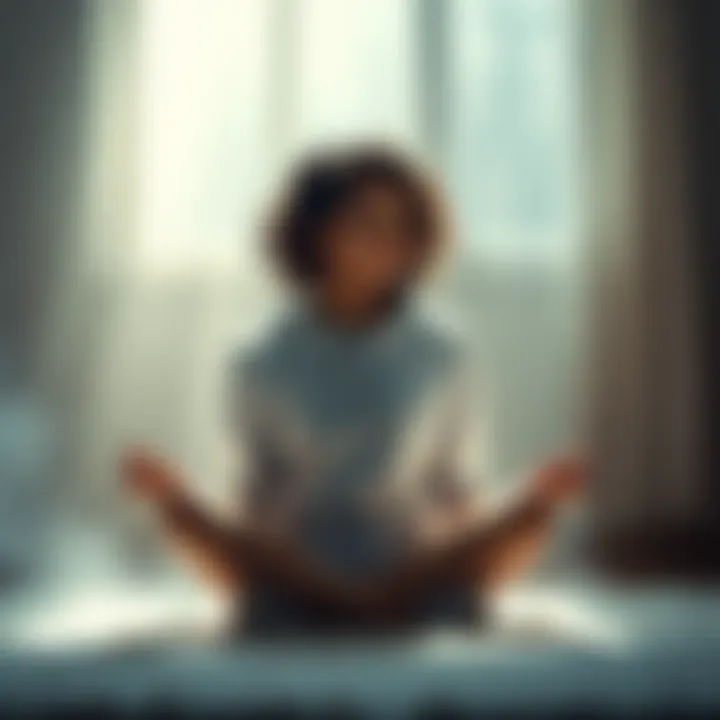 A person sitting cross-legged with closed eyes, imagining positive conversations and connections, surrounded by soft light